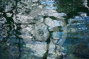 Water surface of the pond with sky and branches of leafless trees reflected in it