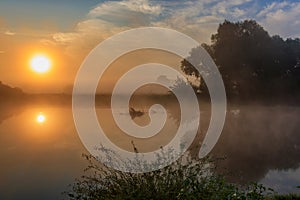 Water surface of river at sunrise with reflection of orange sun. River landscape in sunny summer morning