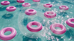 water surface of a swimming pool with a lot of pink inflatable lifebuoys on a sunny day. pink party and decor concept