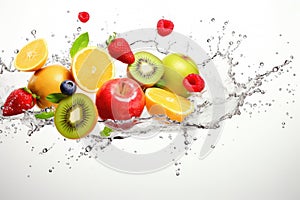 Water swirl wave splash with falling mix berries and fresh fruits isolated on white background, Tropical juice or cocktail drinks