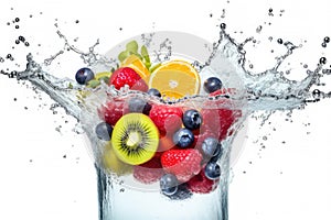 Water swirl wave splash with falling mix berries and fresh fruits isolated on white background, Tropical juice or cocktail drinks