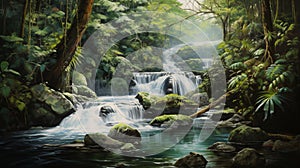 Water Symphony: A Hyper-Realistic Canvas Unveiling the Graceful Cascade of a Waterfall in the Heart of a Lush Rainforest - AI Gene