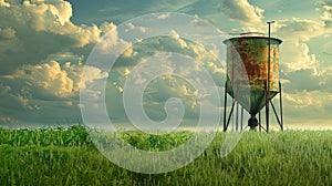 Water tank in green agriculture field