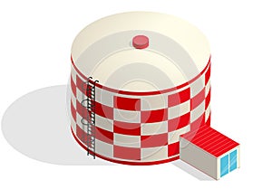 Water tank, red cister. Water treatment isometric building infographic reservoir.