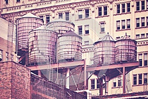 Water tanks on a roof, New York City.