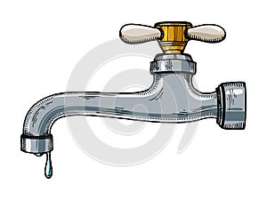 Water tap with drop engraving raster illustration