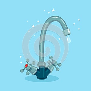 Water tap with drop isolated on background. Faucet drip, leak. Save environment concept. Vector cartoon design