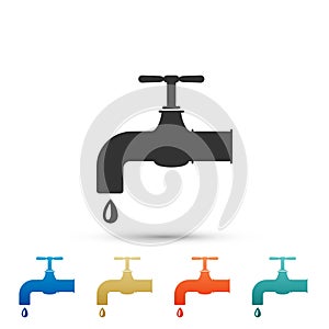 Water tap with a falling water drop icon isolated on white background. Set elements in colored icons. Flat design