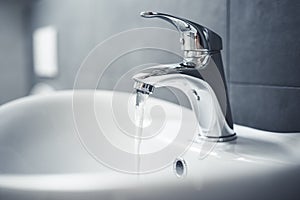 Water tap , faucet. Flow water in bathroom with sink. Modern clean hause. Backround hygiene.