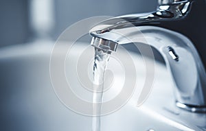 Water tap , faucet. Flow water in bathroom with sink. Modern clean hause. Backround hygiene.