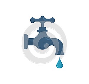 Water tap icon for web. Simple water faucet sign  design. Faucet with falling drop web icon isolated on white. Garden water