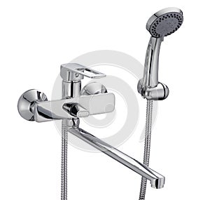 Water tap, single handle bath faucet with shower head. Isolated, white background