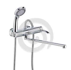 Water tap, single handle bath faucet with shower head. Isolated, white background