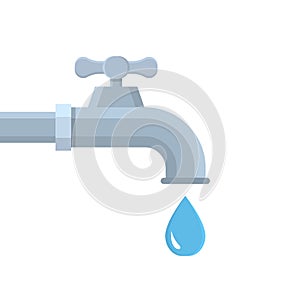 Water tap. Water faucet with drop. Flat tap with pipe and drip. Turn spigot of flow. Icon for house, economize and bathroom.