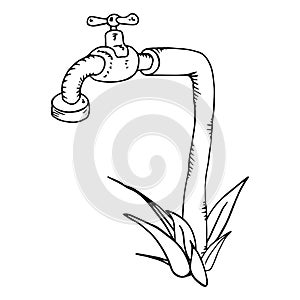 Water tap. Water tap with water. Vector illustration of a water faucet for the garden