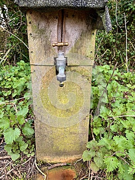 Water tap in wooden box secured into the ground