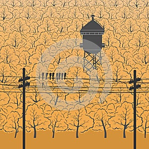 Water Tower in the Grove Vector Illustration