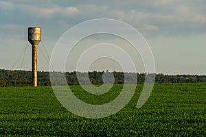 the water tower stands on a field of wheat. Automatic irrigation systems of the agro-industrial complex for the cultivation of