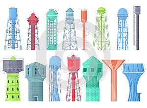 Water tower vector tank storage watery resource reservoir and industrial high metal container water-tower illustration