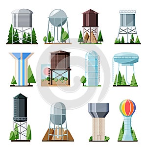 Water tower vector tank storage watery resource reservoir and industrial high metal structure container water-tower