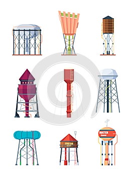 Water towers. High industry tank containers for safe water big reserve metal rural storage garish vector illustrations