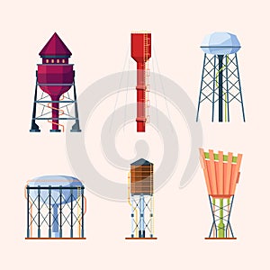 Water towers. Reserve of water for town big steel or wooden tank high industry storage garish vector illustrations in