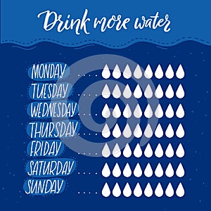 Daily water tracker with eight glasses rule checklist. Planner page, healthy habit goal. Blue wave background. Weekly