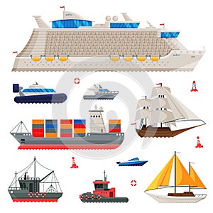 Water Transport Collection, Fishing Boat, Cruise Liner, Sailboat, Cargo Ship, Motorboat, Sea or Ocean Transportation