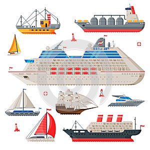 Water Transport Collection, Fishing Boat, Cruise Liner, Sailboat, Vintage Sailing Ship, Motorboat, Sea or Ocean