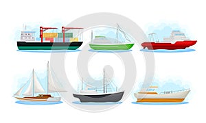 Water Transport with Freighter Ship and Sail Boat Vector Set