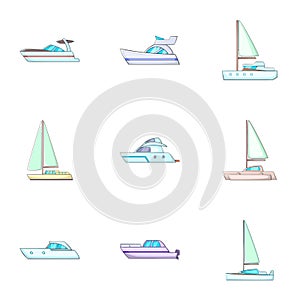 Water transport icons set, cartoon style