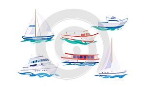 Water transport set, yacht, motorboat, steamship, fishing boat, cruise ship vector Illustration on a white background