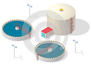 Water treatment isometric building infographic, big bacterium purifier on white background.