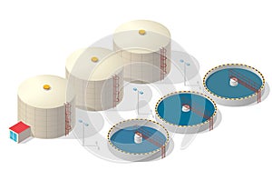 Water treatment isometric building infographic, big bacterium purifier on white background.