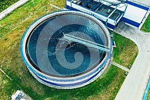 Water Treatment Plant with Round Cylinder of Clarifier Sedimentation Tank, Aerial Top View