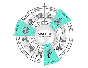 water trine on zodiac wheel. cancer, scorpio and pisces. zodiac signs, astrology and horoscope symbols photo