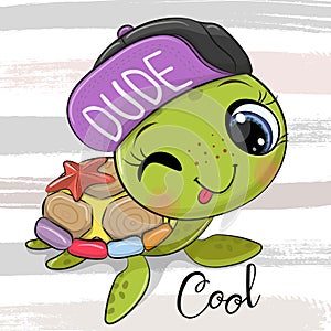 Water turtle in a cap on the stripes background