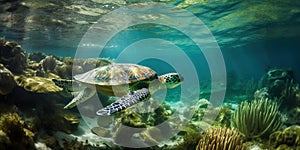 water turtle swimming in the ocean near the bottom