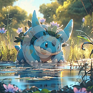 Water type Pokemon in a swamp environment, cute, sleek, chilling