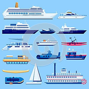 Water vessel transport icons set. Vector flat vehicle illustration. Sail boats, cruise ship, yacht on blue background