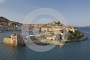 Water view of Portoferraio, Province of Livorno, on the island of Elba in the Tuscan Archipelago of Italy, Europe, where Napoleon