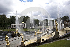 Water wall of fountain jets, Grand cascade baroque ensemble in Peterhof, Russia