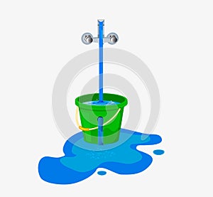 Water waste from running tap. Wastage of  water theme for save water. Spread water on floor from hole bucket