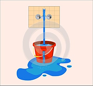 Water waste from running tap. Wastage of  water theme for save water. Spread water on floor from hole bucket