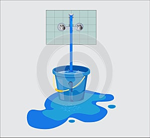 Water waste from running tap. Wastage of  water theme for save water. Spread water on floor from hole bucket