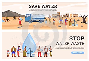 Water waste and scarcity posters set, flat vector illustration.