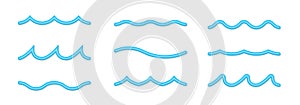 Water wave 3d icon set. Sea, ocean, river line symbol. Different blue waves. Vector