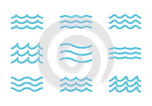Water wave 3d icon set. Sea, ocean, river line symbol. Different blue waves. Vector