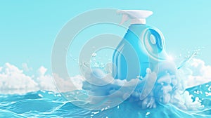 Water wave background with toilet cleaner, liquid bleach for toilet bowls and detergent product for bathroom cleaning