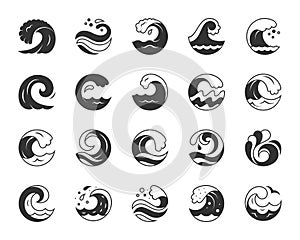 Water wave black silhouette icons vector set